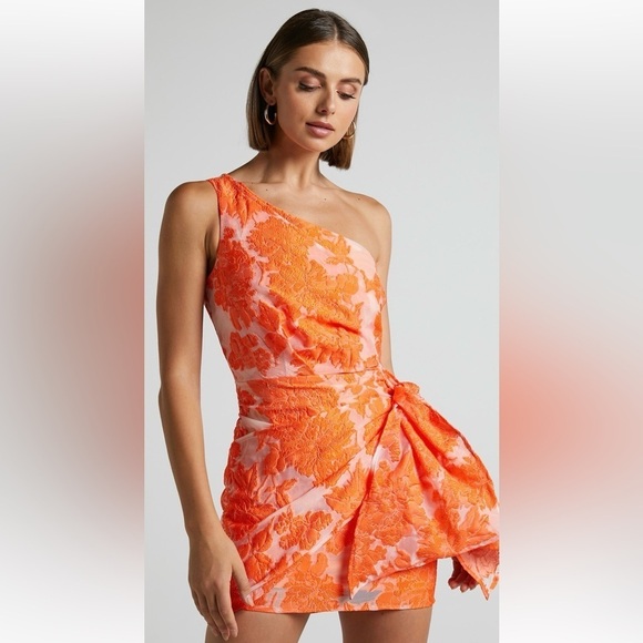 Showpo Hailey Brailey One Shoulder Mini Dress Orange White Sheer Floral 4 - Picture 2 of 16